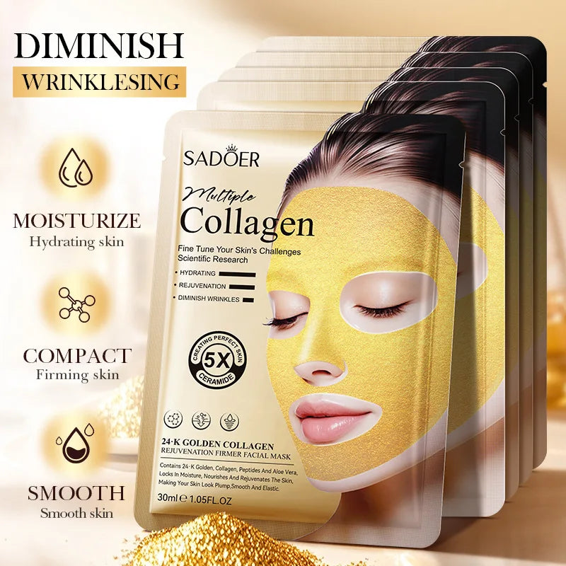 SADOER 24k Golden Collagen Facial Masks Anti Wrinkle Firming Moisturizing Anti-Aging Face Mask Beauty Facial Skin Care Products